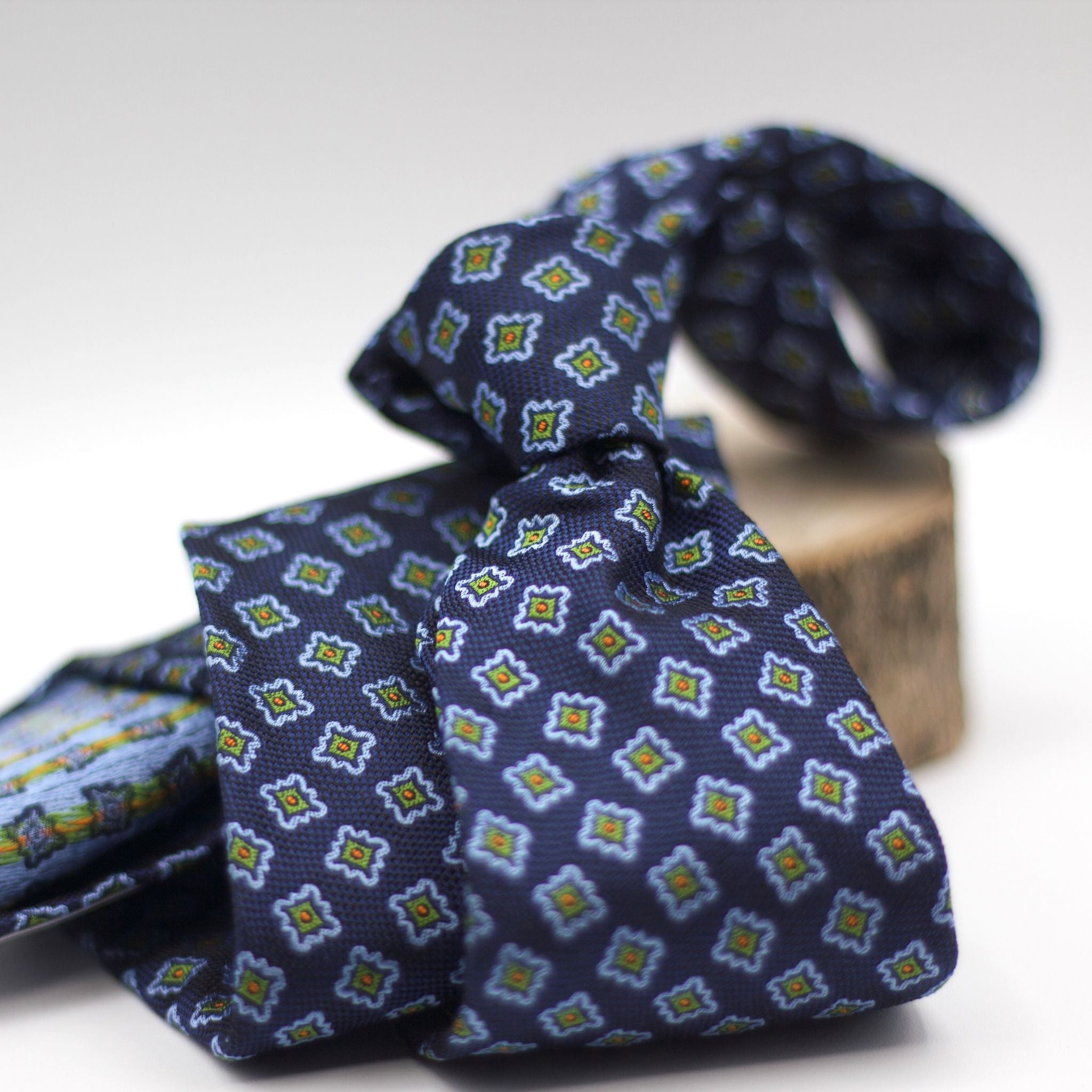 Cruciani & Bella 100% Woven Jacquard Silk Unlined Blue, Green, light Blue and Copper Unlined Tie Handmade in England 8 x 153 cm