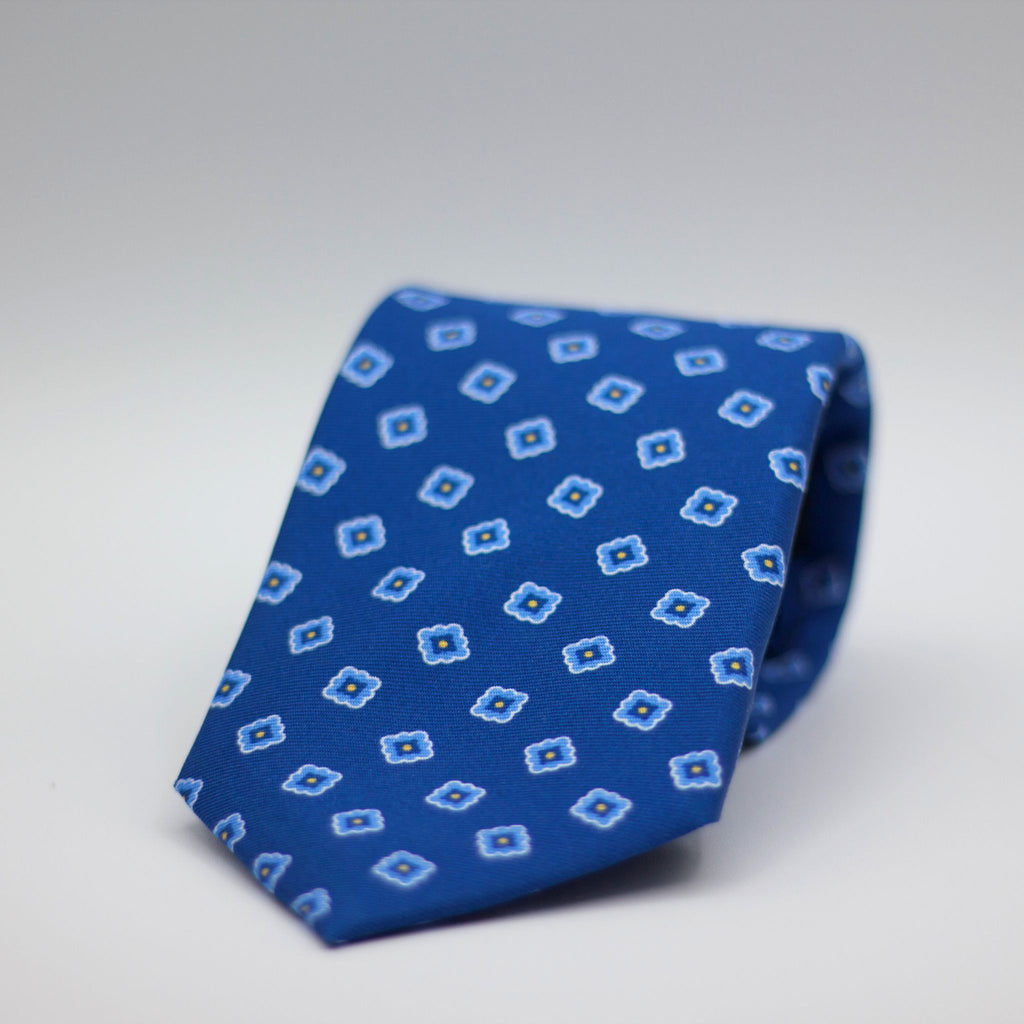 Holliday & Brown for Cruciani & Bella 100% printed Silk Self Tipped Blue  with Navy, Light Blue  and Yellow motif tie Handmade in Italy 8 cm x 150 cm