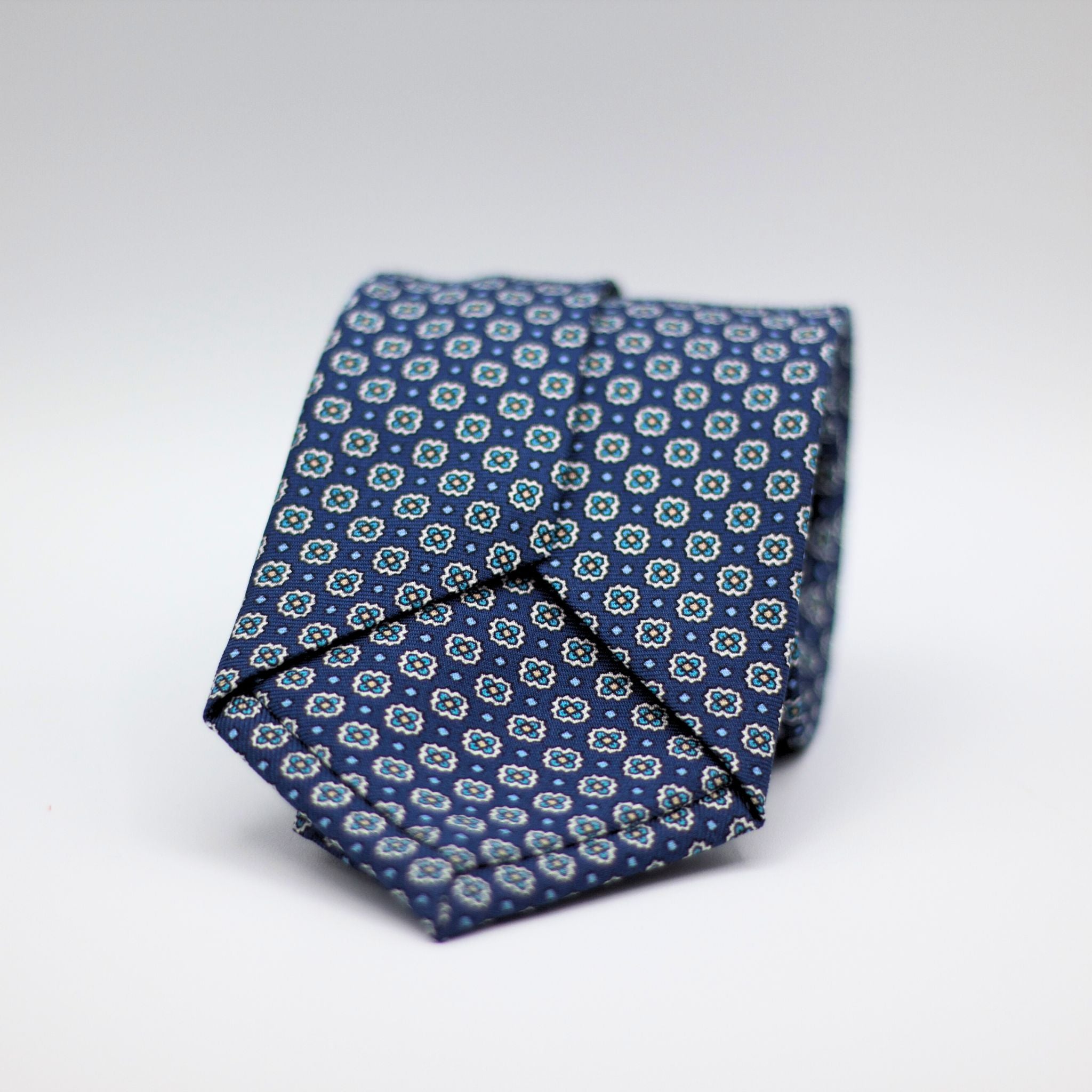 Holliday & Brown for Cruciani & Bella 100% printed Silk Self Tipped Navy , White, Yellow and Light Blue motif tie Handmade in Italy 8 cm x 150 cm