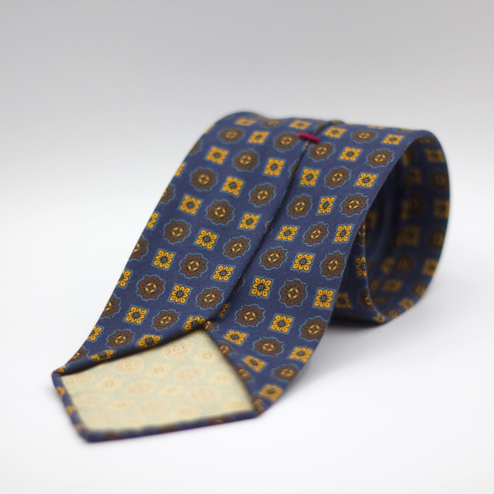 Cruciani & Bella  100% Printed Madder Silk  Italian fabric  Unlined tie Blue, Yellow and Brown motif 8 cm x 150 cm