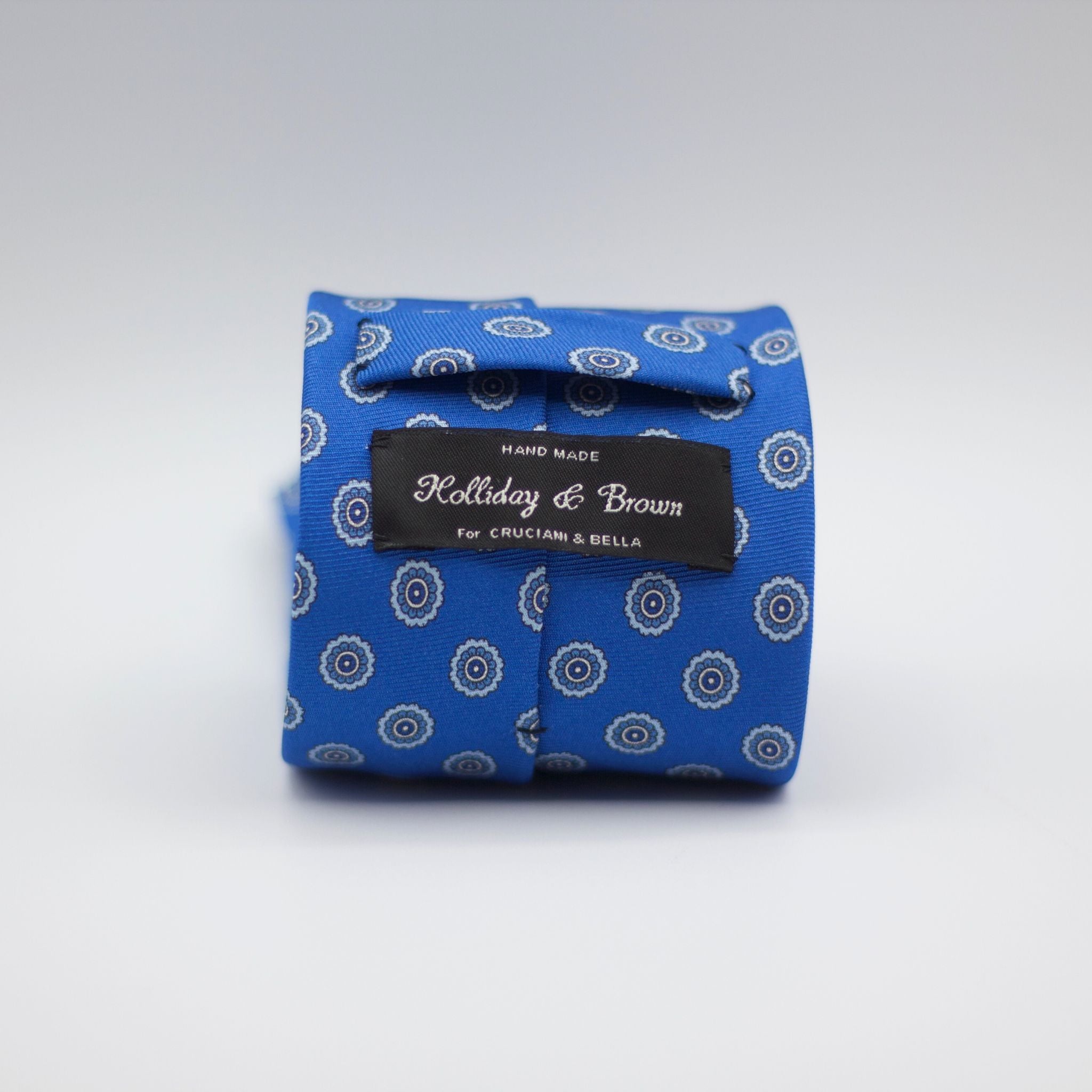 Holliday & Brown for Cruciani & Bella 100% printed Silk Self Tipped Blue, with Grey and Light Blue motif tie  Handmade in Italy 8 cm x 150 cm
