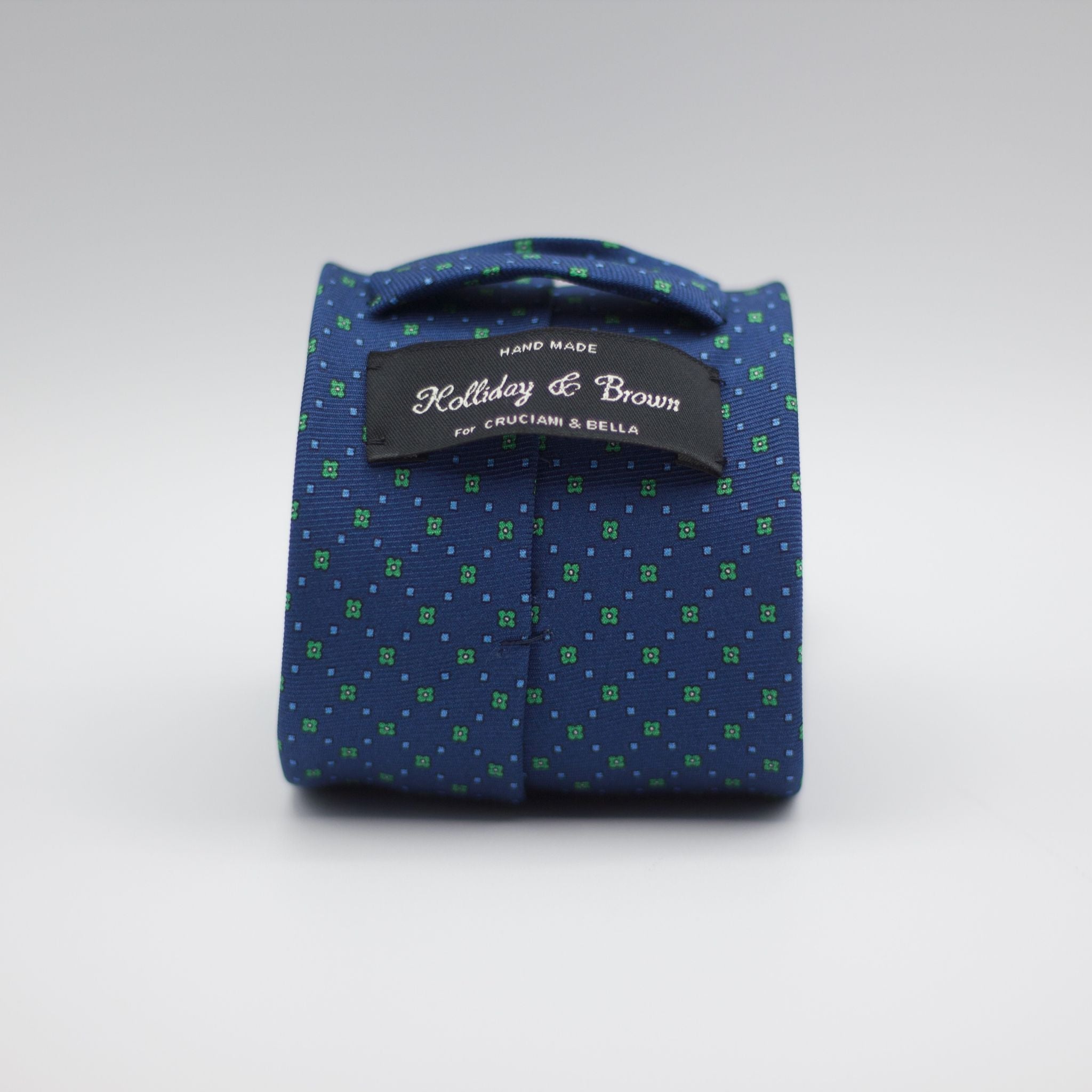 Holliday & Brown for Cruciani & Bella 100% printed Silk Self Tipped Blue, with Green and Light Blue motif tie Handmade in Italy 8 cm x 150 cm