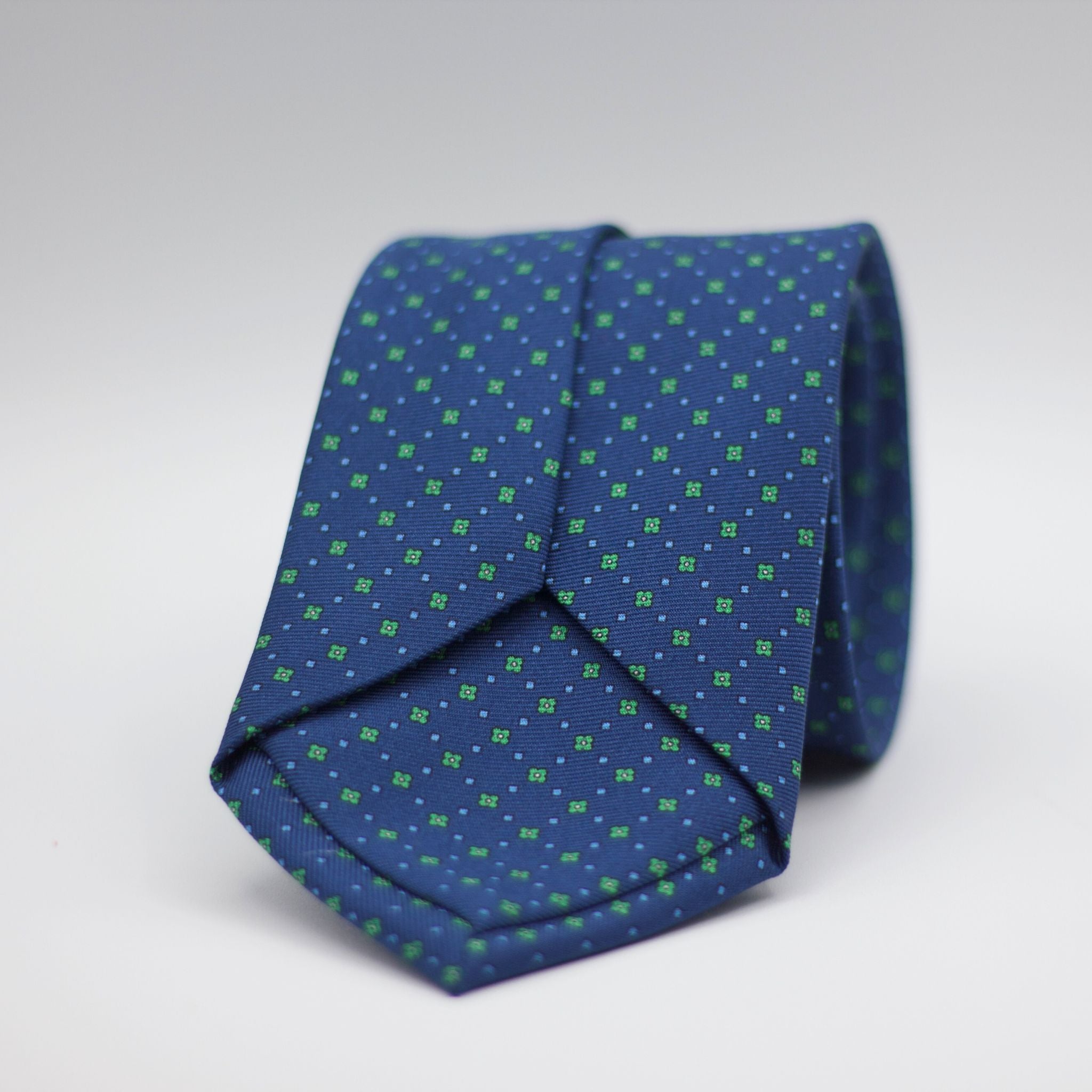 Holliday & Brown for Cruciani & Bella 100% printed Silk Self Tipped Blue, with Green and Light Blue motif tie Handmade in Italy 8 cm x 150 cm