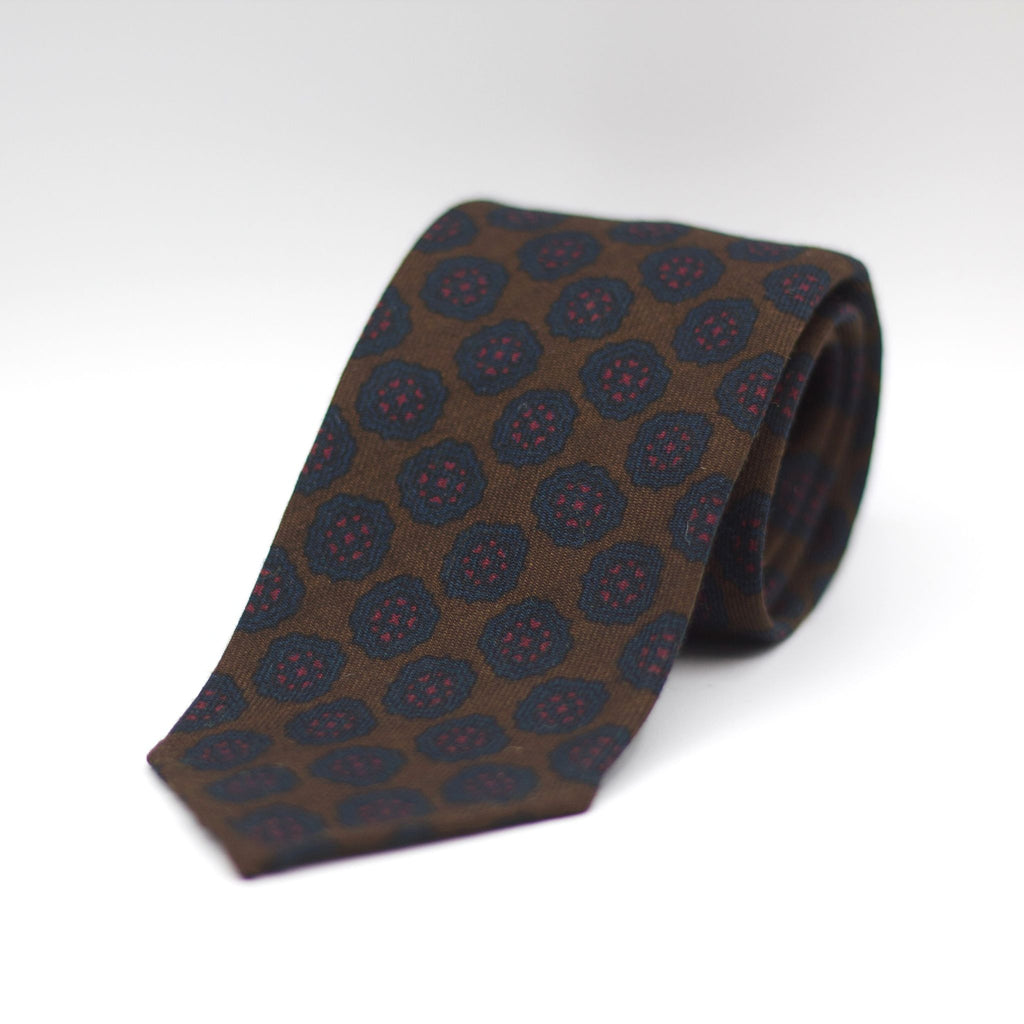 Cruciani & Bella 100%  Printed Wool  Unlined Hand rolled blades  Brown, Dark Blue and Red Motif Tie Handmade in Italy 8 cm x 150 cm