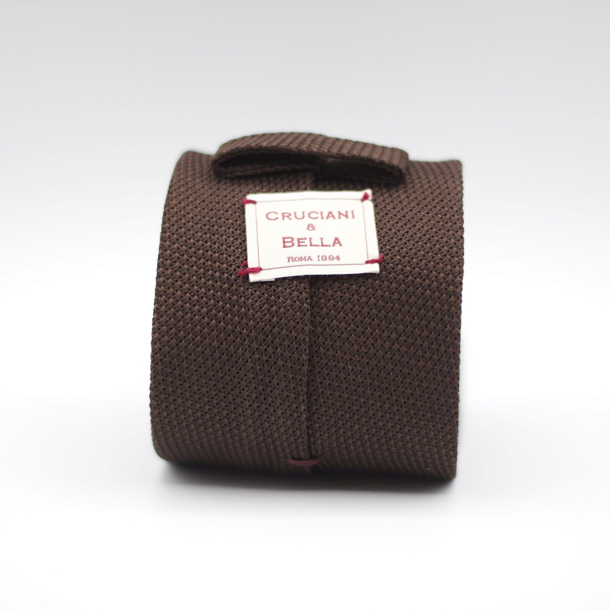 Cruciani & Bella 100% Silk Grenadine Garza Fina Woven in Italy Unlined Hand rolled blades Brown plain  tie Handmade in Italy 8 cm x 150 cm