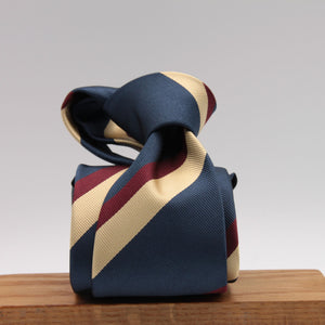 Holliday & Brown for Cruciani & Bella 100% Silk Jacquard  Regimental "Oxford Old Merchant Taylors" Blue, Burgundy and Gold stripe tie Handmade in Italy 8 cm x 150 cm