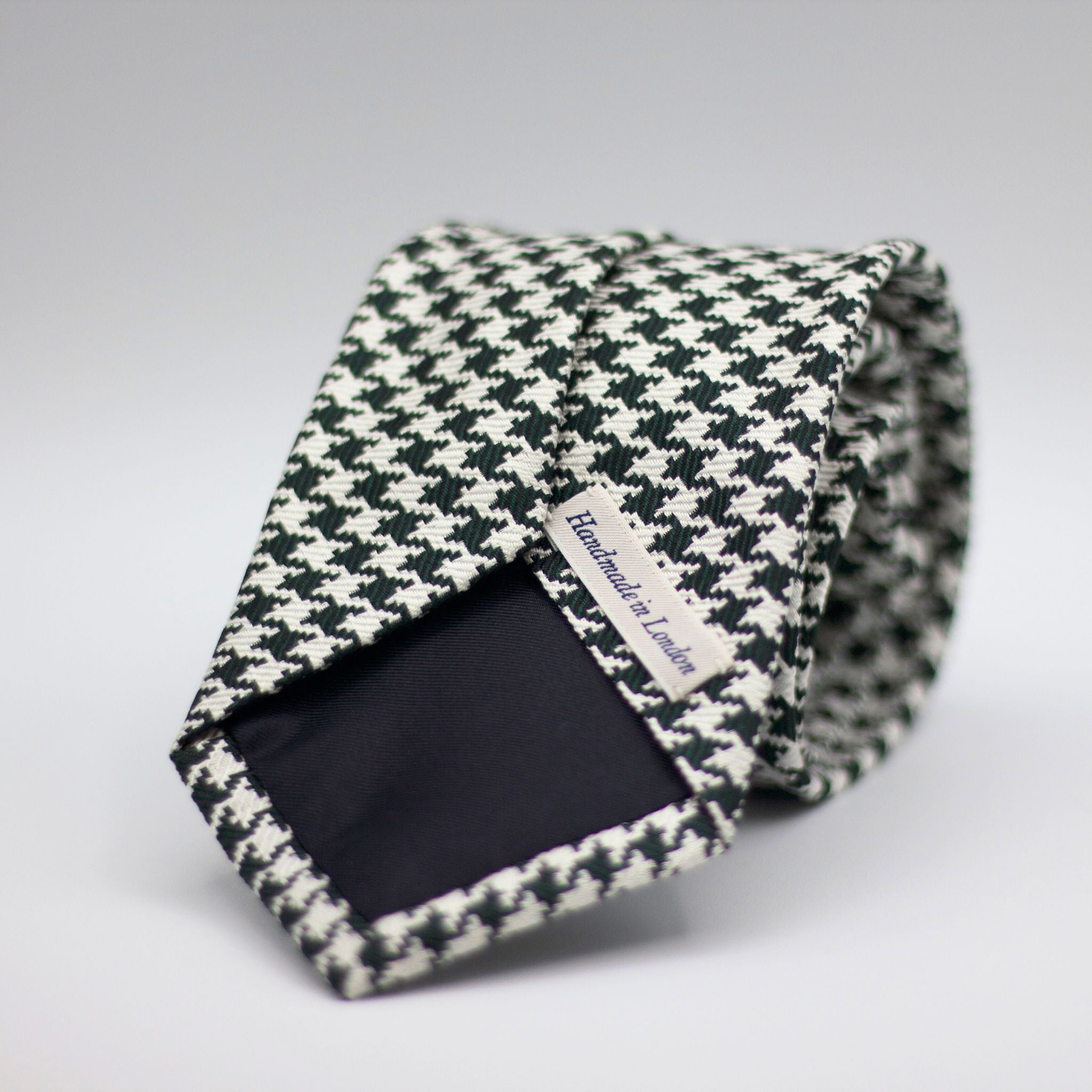 Drake's for Cruciani e Bella 100%  Silk Tipped White and Dark Green  Houndstooth Large Cheek Handmade in London, England 8 cm x 150 cm