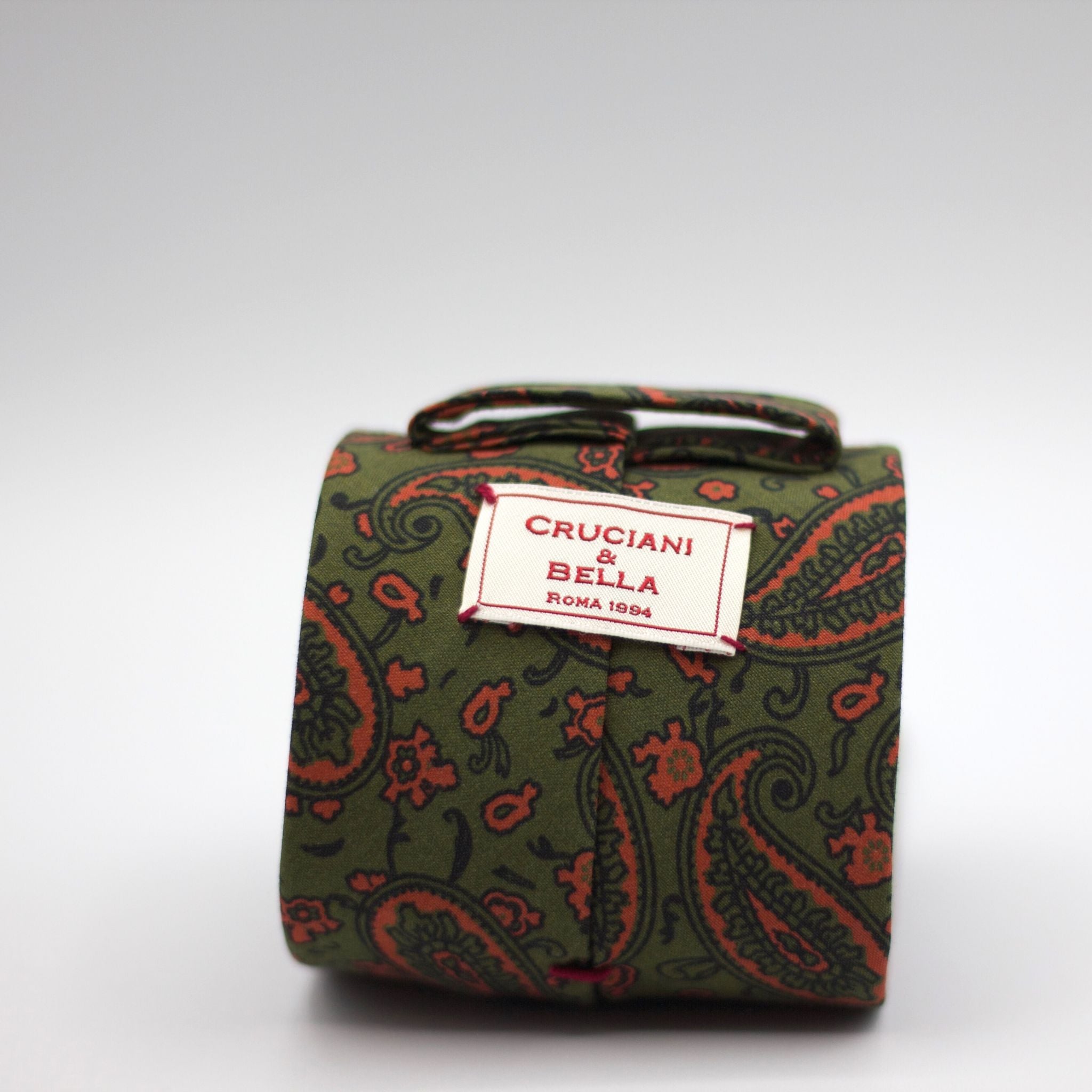Cruciani & Bella  100% Printed Madder Silk  Italian fabric  Unlined tie Pea Green, Orange Motifs Handmade in Italy 8 cm x 150 cm
