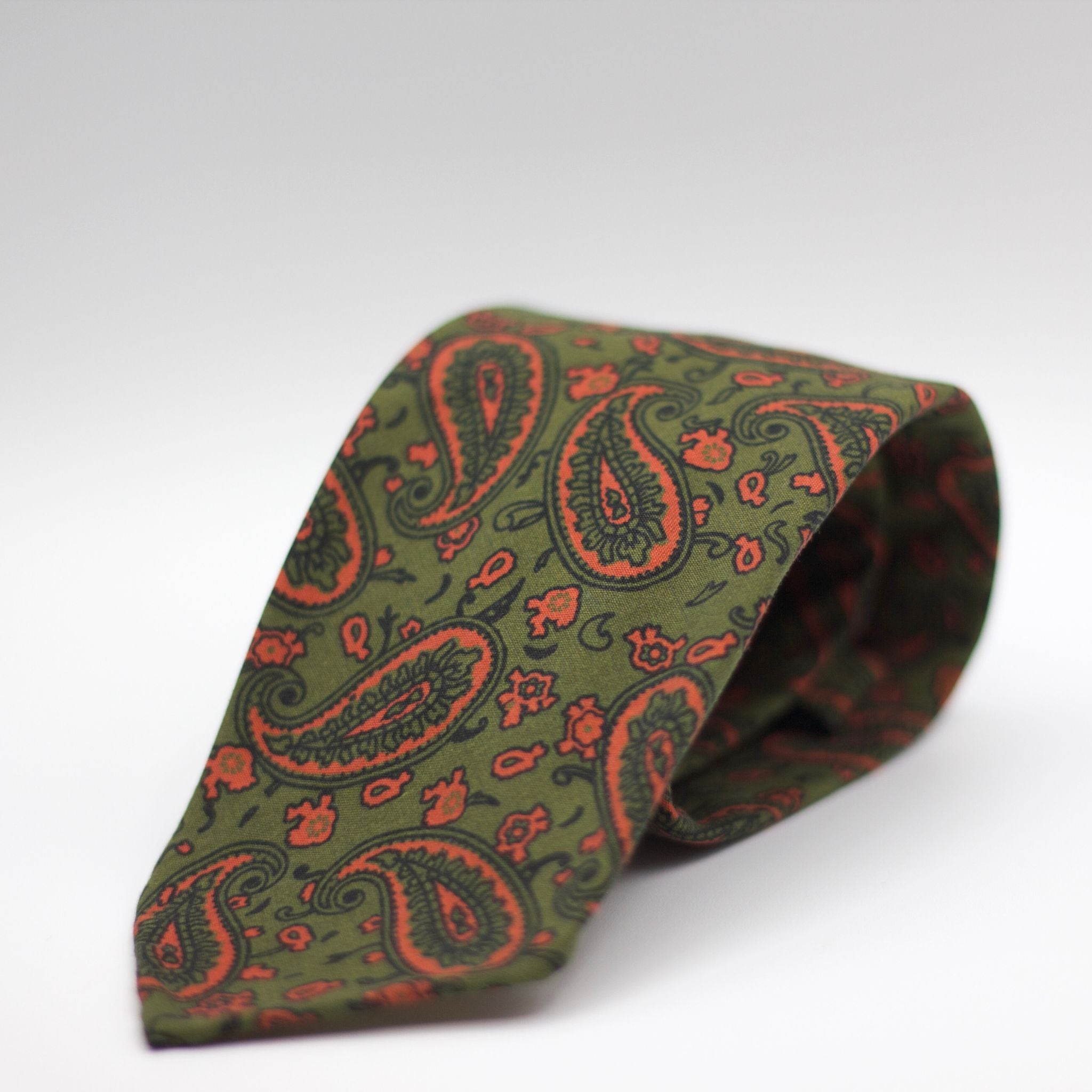 Cruciani & Bella  100% Printed Madder Silk  Italian fabric  Unlined tie Pea Green, Orange Motifs Handmade in Italy 8 cm x 150 cm