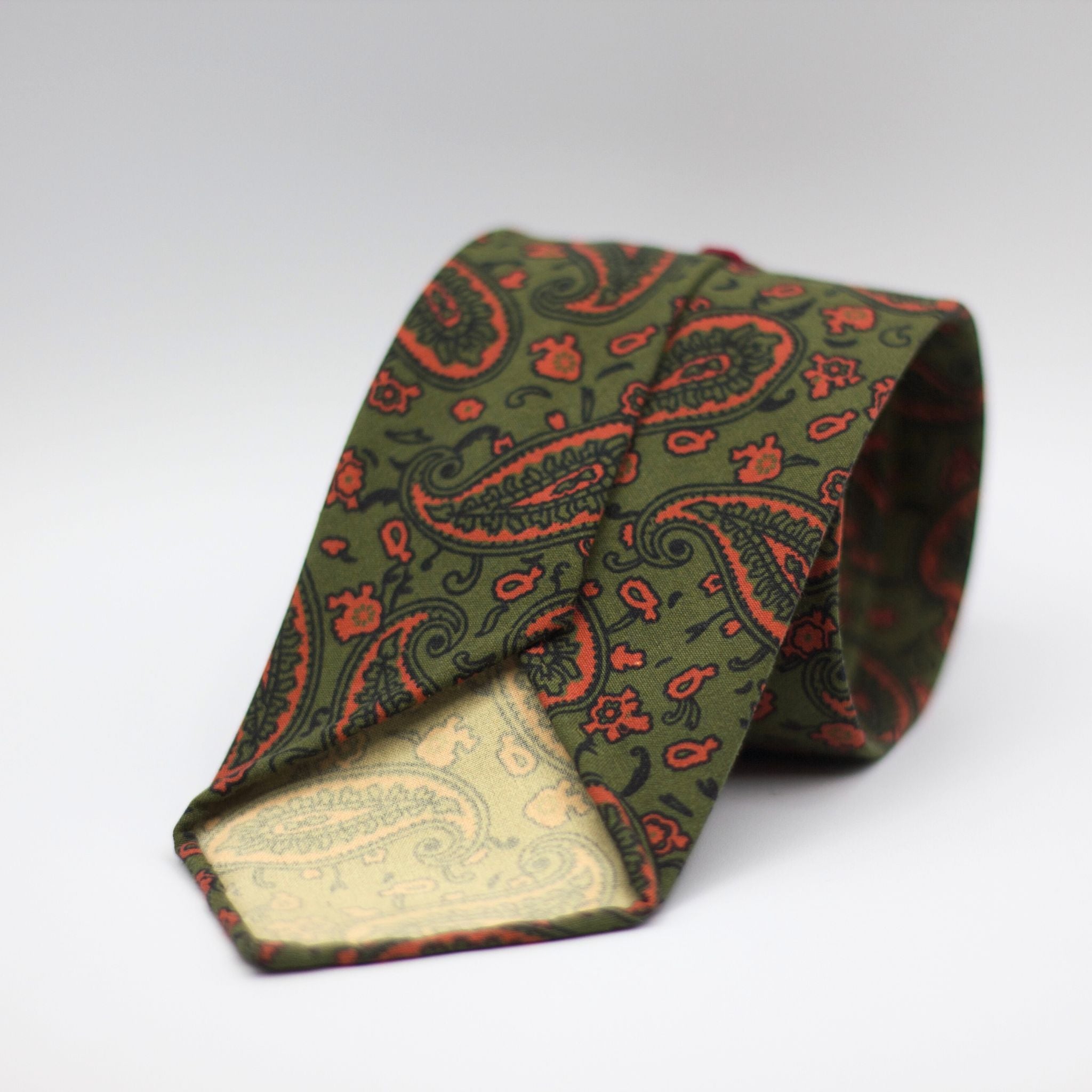 Cruciani & Bella  100% Printed Madder Silk  Italian fabric  Unlined tie Pea Green, Orange Motifs Handmade in Italy 8 cm x 150 cm