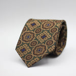 Holliday & Brown for Cruciani & Bella 100% Woven Jacquard Silk Tipped Forrest Green, Gold, Brown, Black and Navy motif tie Handmade in Italy 8 cm x 150 cm