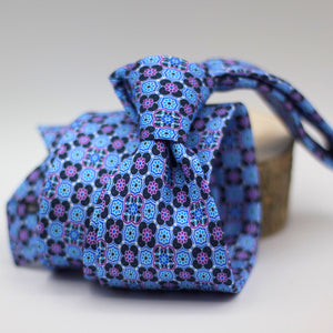 Cruciani & Bella 100% Silk Printed Self-Tipped Blue, light blue, white and lilac motif Tie Handmade in Rome, Italy. 8 cm x 150 cm