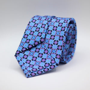 Cruciani & Bella 100% Silk Printed Self-Tipped Blue, light blue, white and lilac motif Tie Handmade in Rome, Italy. 8 cm x 150 cm