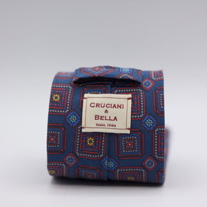 Cruciani & Bella 100% Mudder Silk Italian fabric Unlined Denim Blue, Red and Yellow unlined tie Handmade in Italy 8 cm x 150 cm