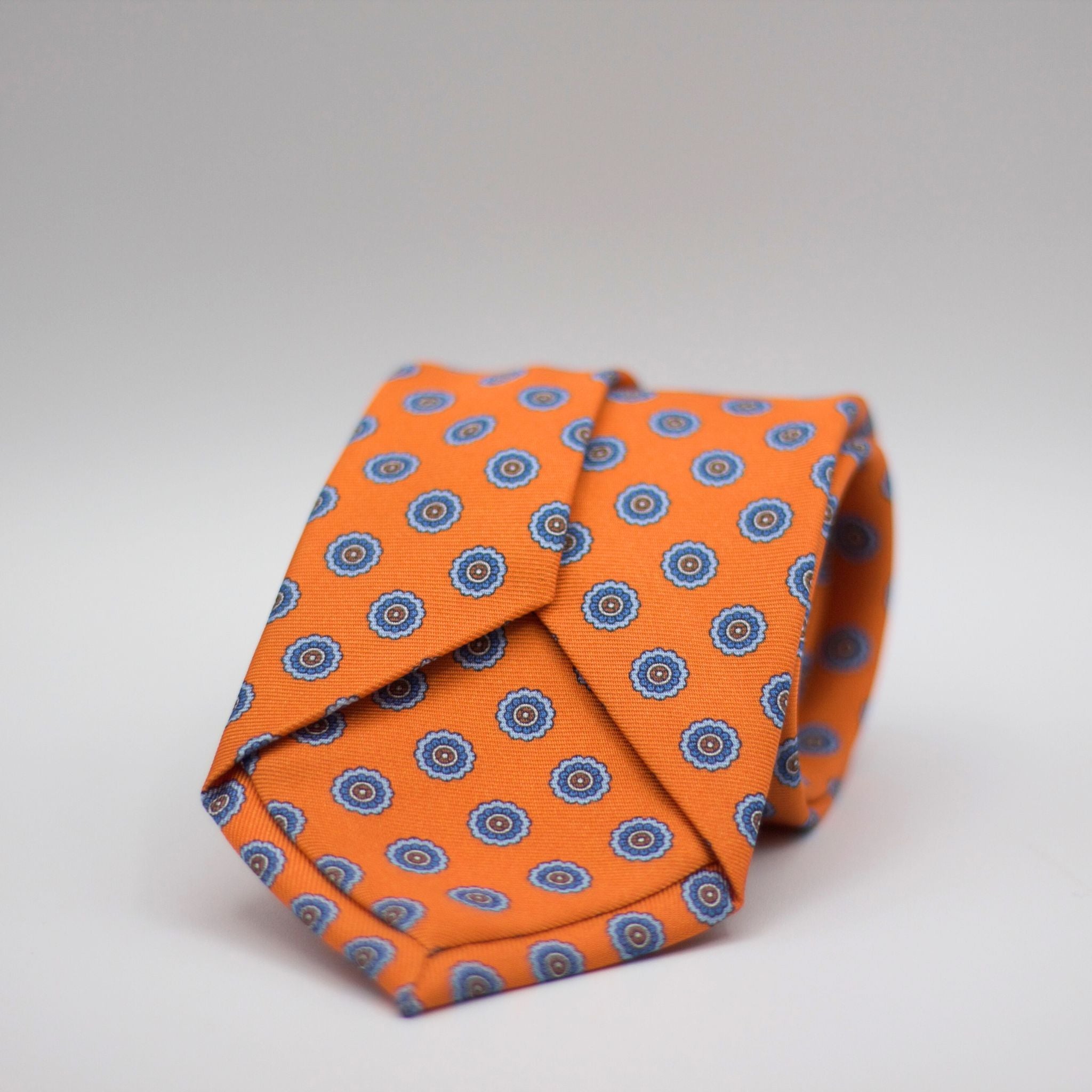 Holliday & Brown for Cruciani & Bella 100% printed Silk Self Tipped Orange, with Grey and Light Blue motif tie  Handmade in Italy 8 cm x 150 cm