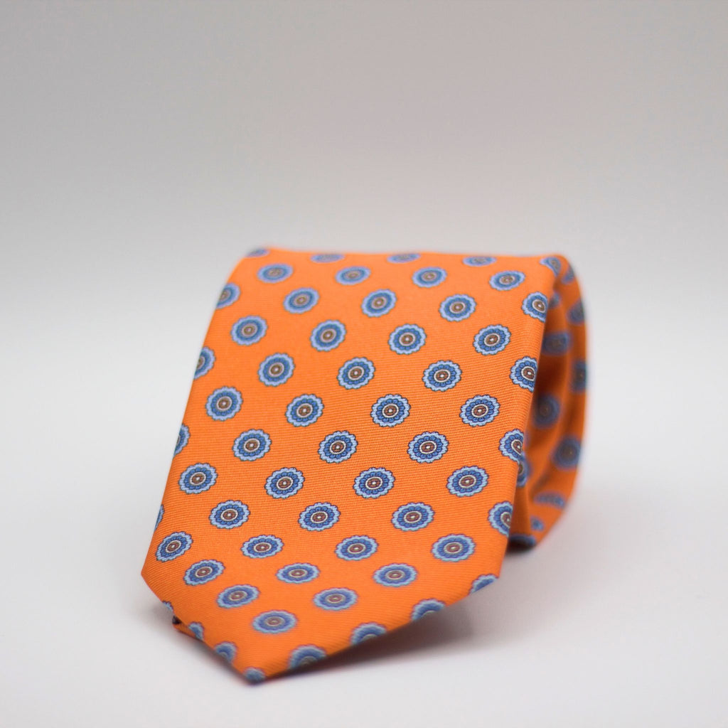 Holliday & Brown for Cruciani & Bella 100% printed Silk Self Tipped Orange, with Grey and Light Blue motif tie  Handmade in Italy 8 cm x 150 cm