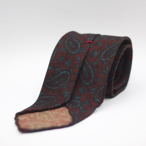Cruciani & Bella 100%  Printed Wool  Unlined Hand rolled blades Burgundy, Light Green Paisley Motif Tie Handmade in Italy 8 cm x 150 cm