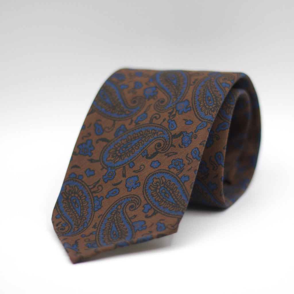 Cruciani & Bella  100% Printed Madder Silk  Italian fabric  Unlined tie Brown, Blue Motifs Handmade in Italy 8 cm x 150 cm #7497
