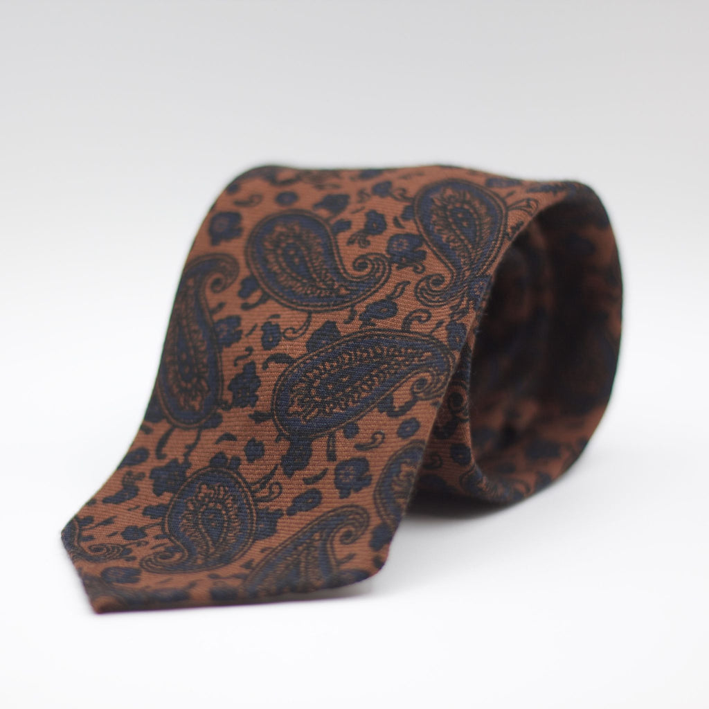 Cruciani & Bella 100%  Printed Wool  Unlined Hand rolled blades Brown and Dark Blue Paisley Motif Tie Handmade in Italy 8 cm x 150 cm