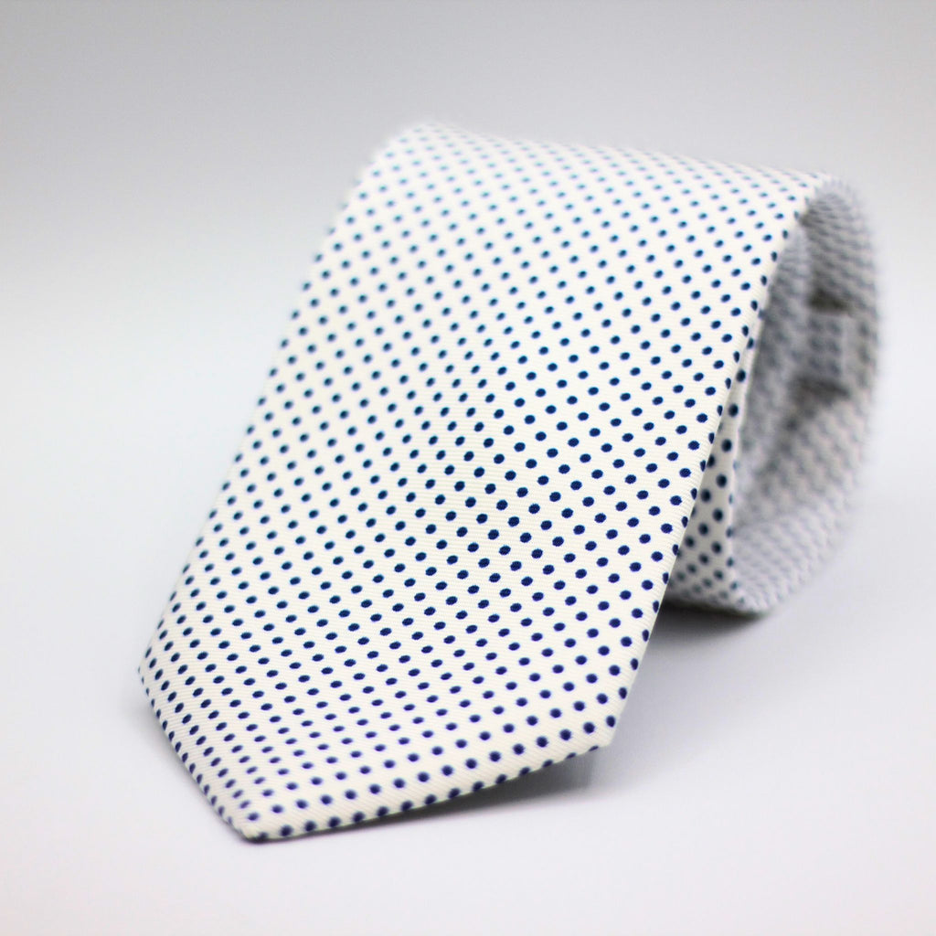 Cruciani & Bella 100% Silk Printed Self-Tipped White, Blue Pin Dots Tie Handmade in Rome, Italy. 8 cm x 150 cm