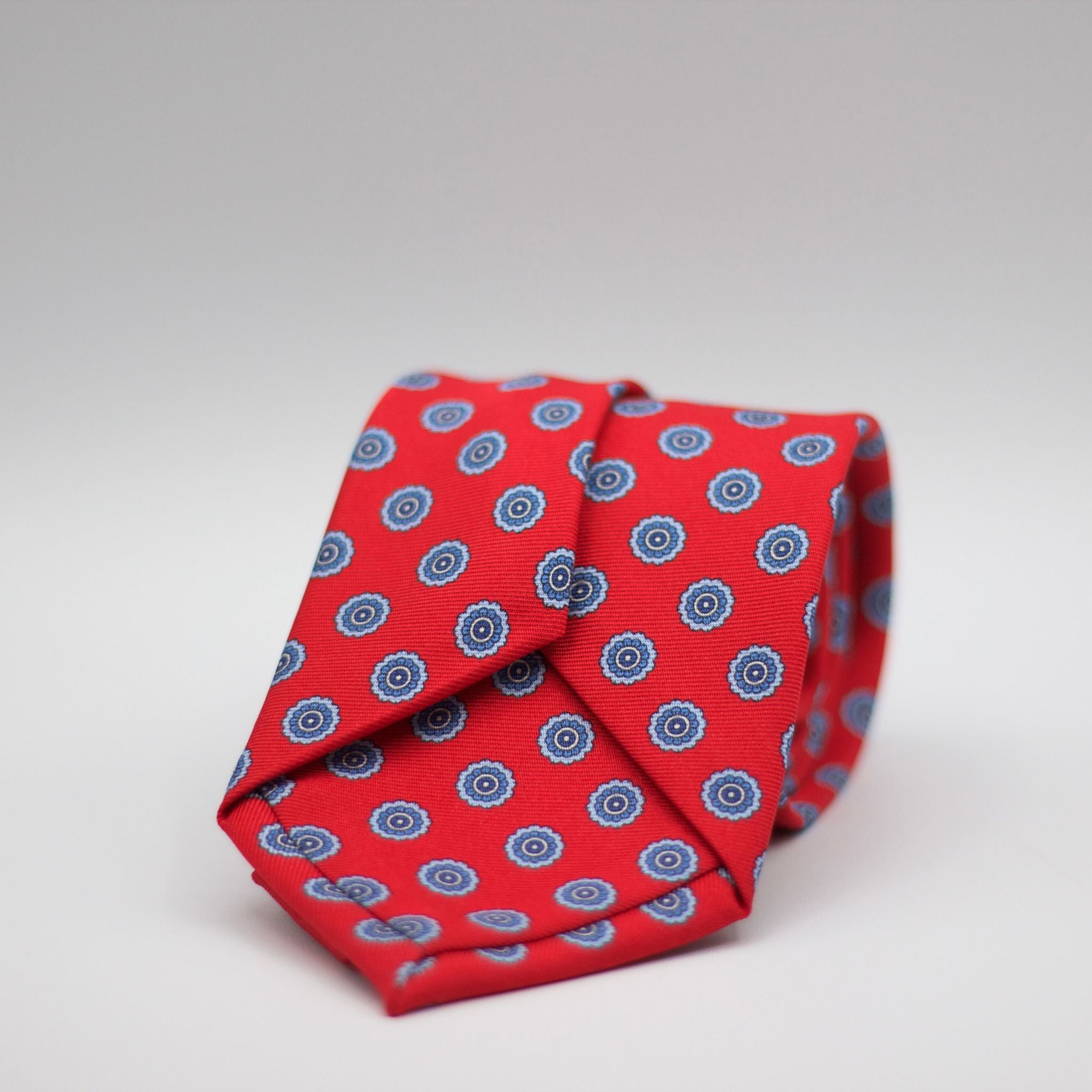 Holliday & Brown for Cruciani & Bella 100% printed Silk Self Tipped Red, with Grey and light Blue motif tie 8 cm x 150 cm