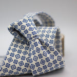 Cruciani & Bella 100% Printed Madder Linen and Silk  Italian fabric Unlined tie White, Blue Motif Unlined Tie Handmade in Italy 8 cm x 150 cm