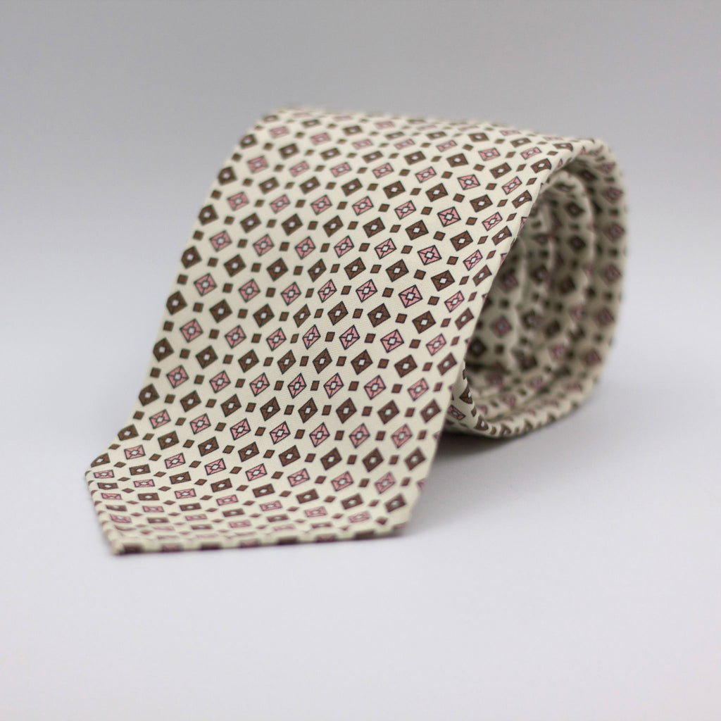 Cruciani & Bella 100% Printed Madder Silk  Italian fabric Unlined tie White, Pink and Brown Handmade in Italy 8 cm x 150 cm