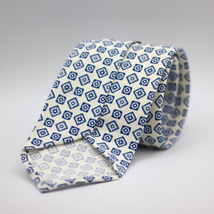 Cruciani & Bella 100% Printed Madder Linen and Silk  Italian fabric Unlined tie White, Blue Motif Unlined Tie Handmade in Italy 8 cm x 150 cm