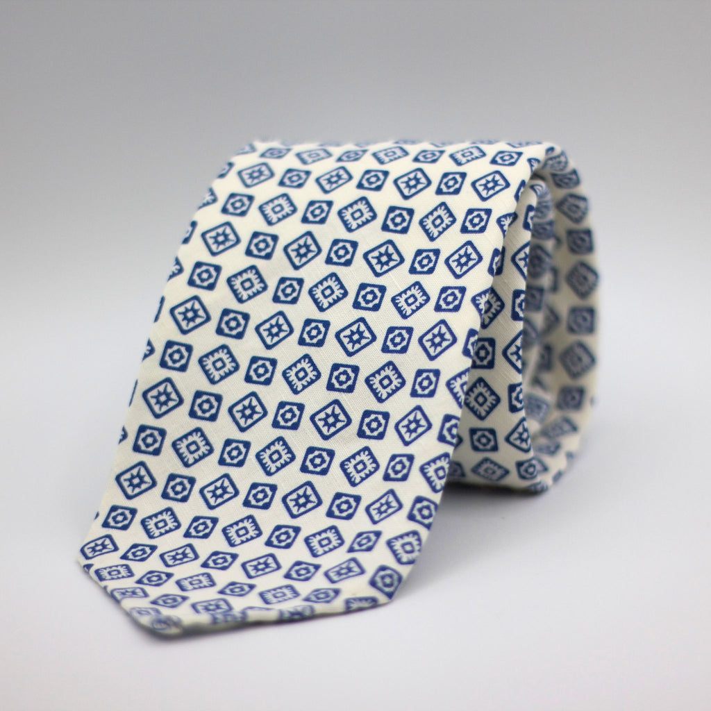 Cruciani & Bella 100% Printed Madder Linen and Silk  Italian fabric Unlined tie White, Blue Motif Unlined Tie Handmade in Italy 8 cm x 150 cm