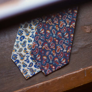 Cruciani & Bella - Printed Madder Silk  - Unlined - White, Blue and Yellow Paisley Tie #8698