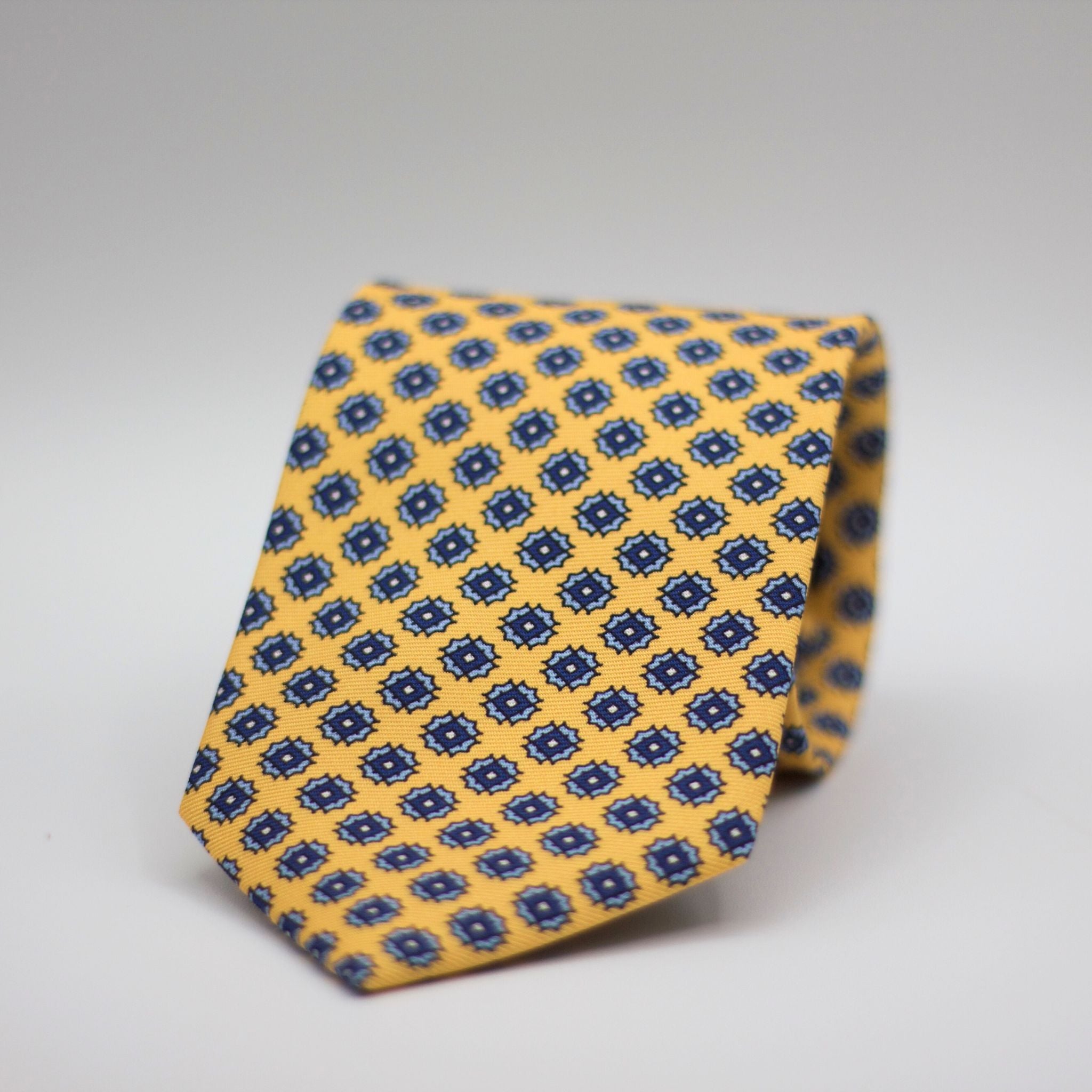 Holliday & Brown for Cruciani & Bella 100% printed Silk Self Tipped Yellow with Navy and Light Blue motif tie Handmade in Italy 8 cm x 150 cm