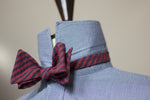 Noodles Bow Ties 100% Cotton  Red and blue seersucker Handcrafted in Italy Coated metal hardware  Olive green gabardine inside Hand-stitched labels Handmade boxes Self-tie bow ties