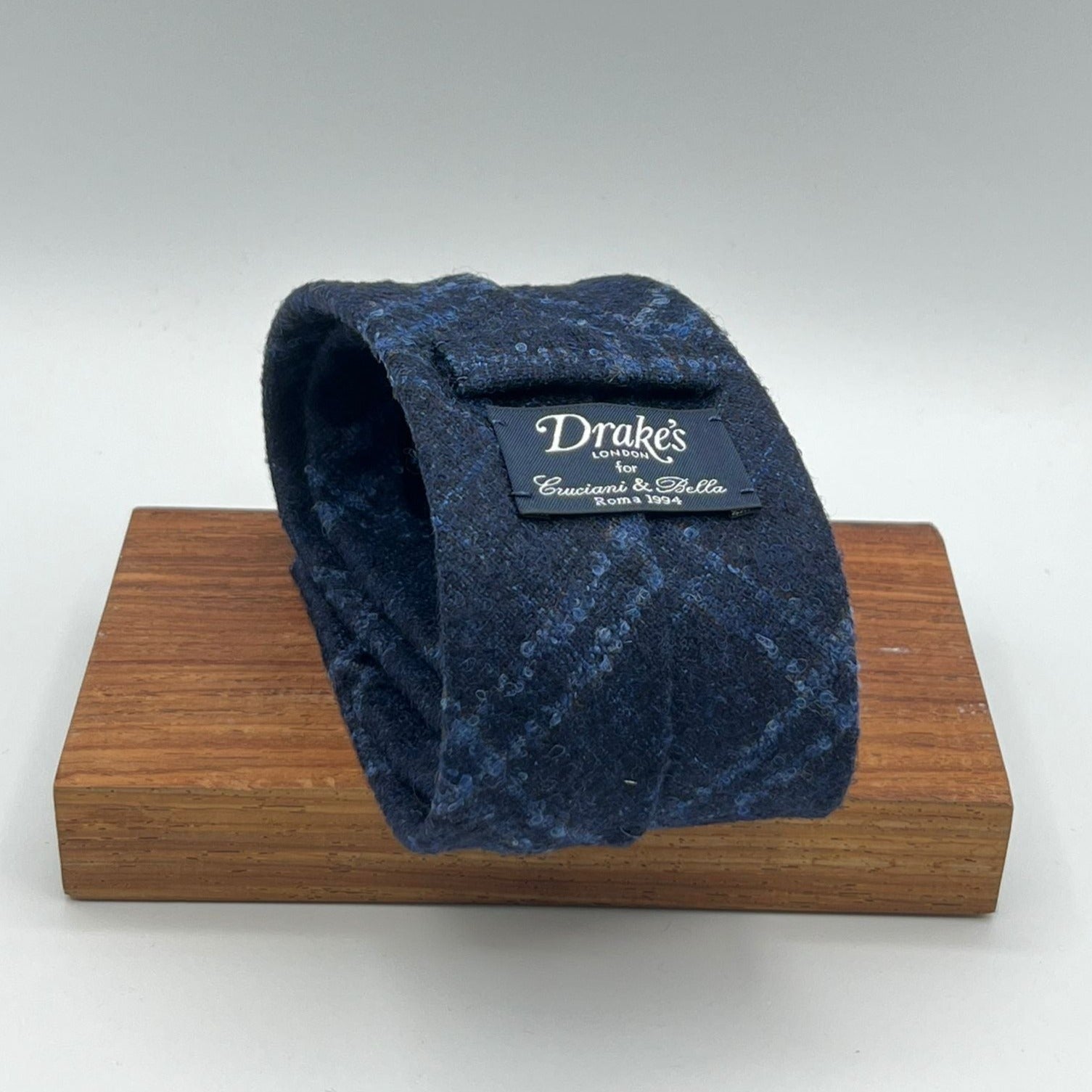Drake's - Alpaca Wool Nylon  - Dark Blue and Light Blue Tartan Melange  Motif  Unlined Tie  #0079