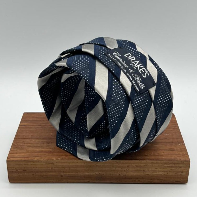 Drake's for Cruciani e Bella 100%  Woven Silk Tipped Blue and Grey Stripes Handmade in London, England 9 cm x 150 cm #5318