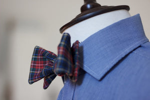 Noodles Bow Ties 100% Cotton  White, red, yellow, green, blue and black tartan Handcrafted in Italy coated metal hardware  olive green gabardine inside hand-stitched labels handmade boxes self-tie bow ties