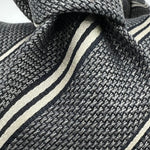 Drake's - Woven Silk -  Grey Melange, Blue and  Off White Stripes Tie #5268