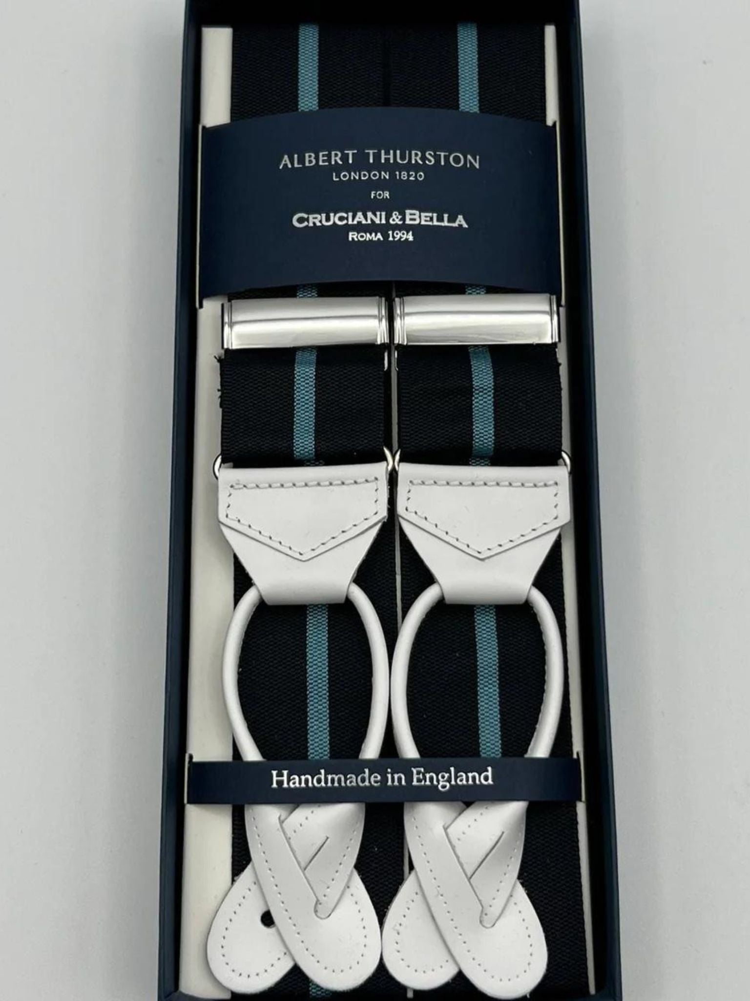 Albert Thurston for Cruciani & Bella Made in England Adjustable Sizing 40 mm Woven Barathea  Black Cyan Leather ends Y-Shaped Nickel Fittings Size: XL
