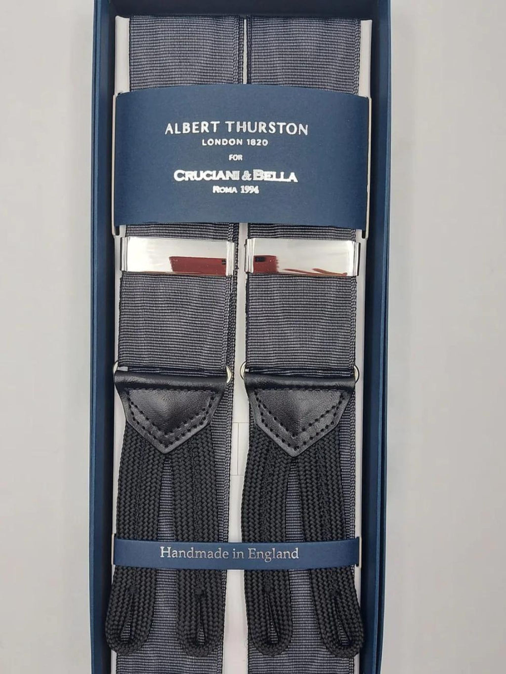 Albert Thurston for Cruciani & Bella Made in England Adjustable Sizing 40 mm Woven Barathea Grey Moirè Plain Color Braces Braid ends Y-Shaped Nickel Fittings Size: XL