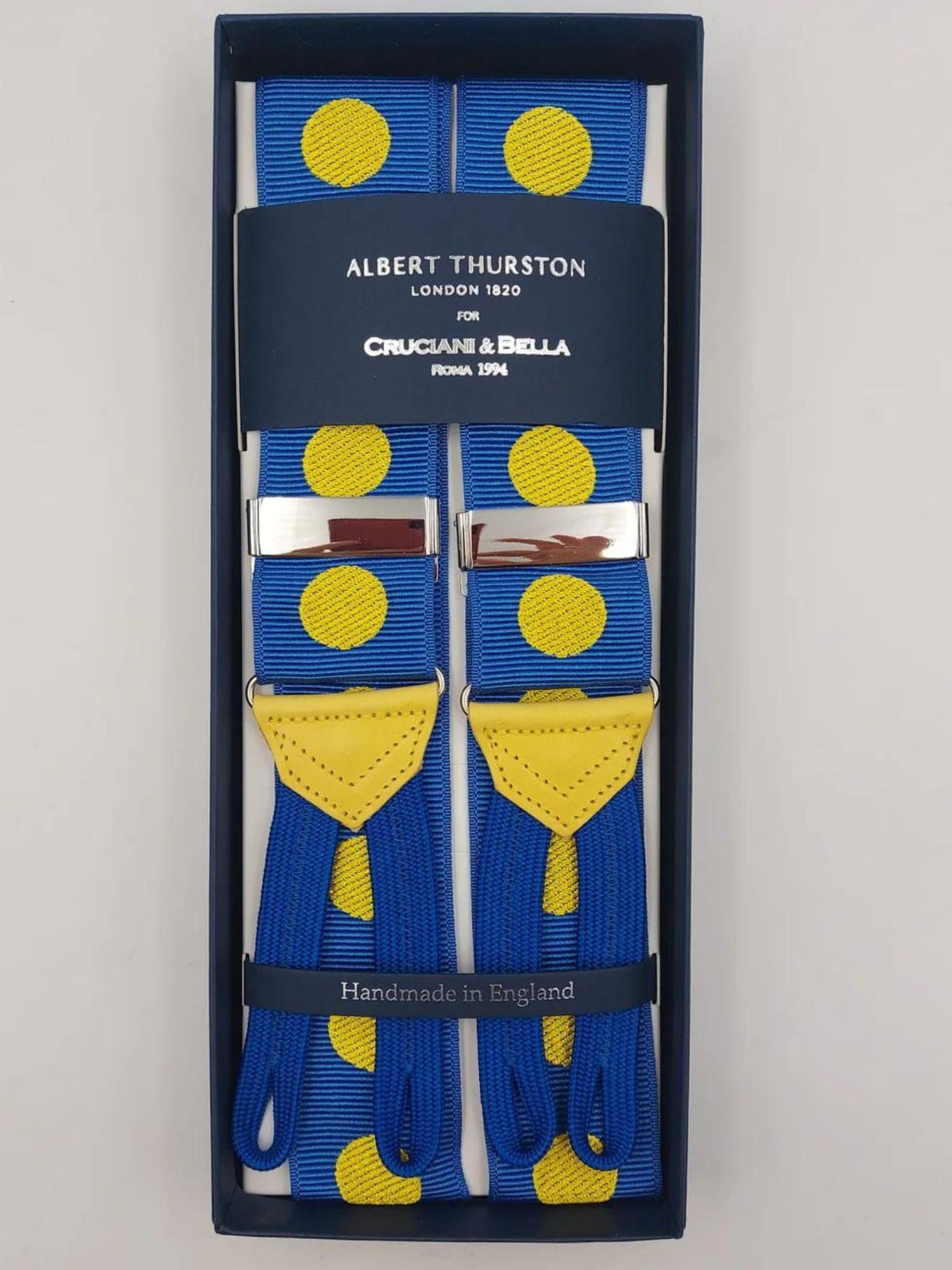Albert Thurston for Cruciani & Bella Made in England Adjustable Sizing 40 mm Woven Barathea  Light Blue and Yellow Coin Dots  Braces Braid ends Y-Shaped Nickel Fittings Size: XL #6213