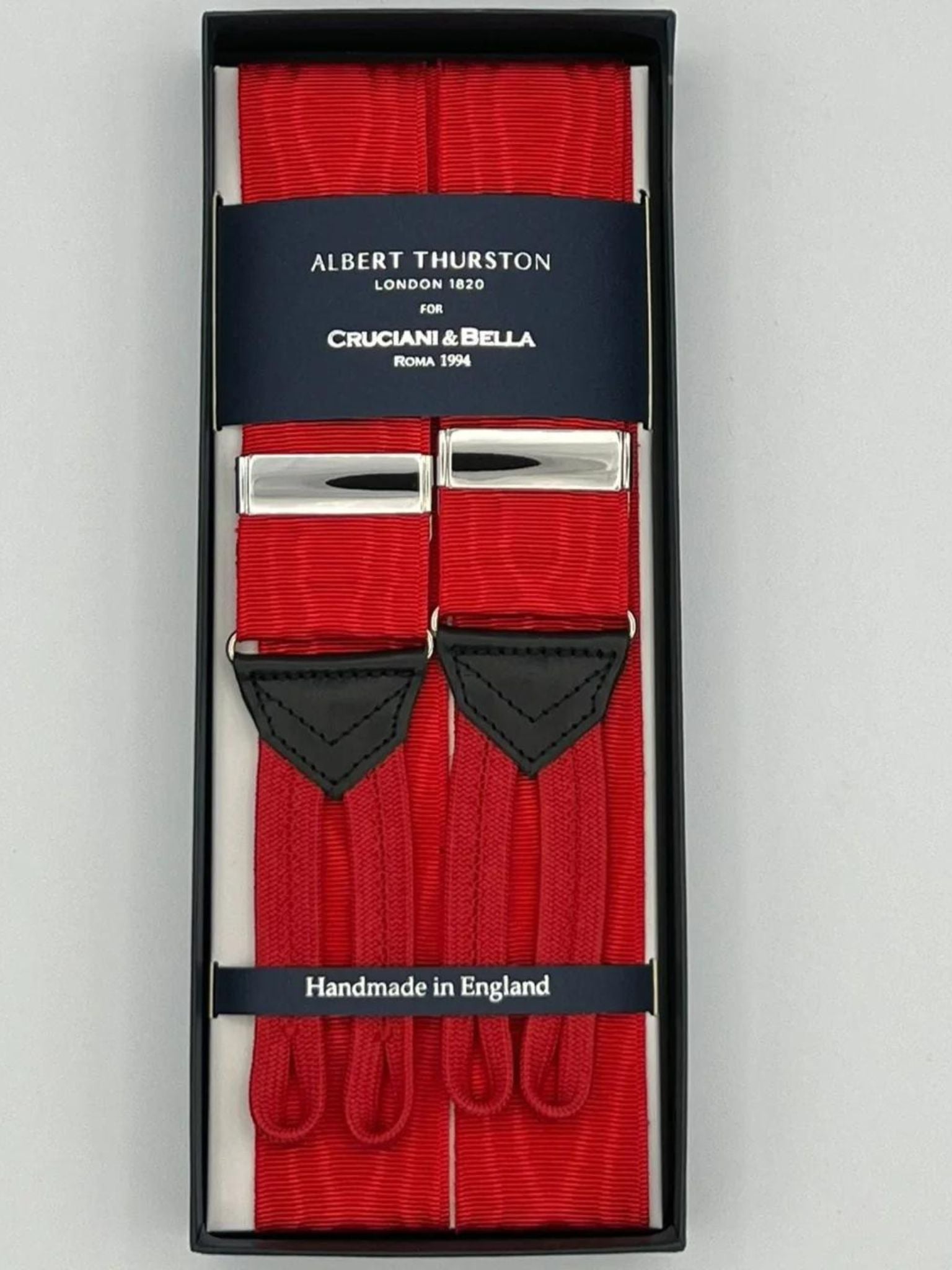 Albert Thurston for Cruciani & Bella Made in England Adjustable Sizing 40 mm Woven Barathea Red Moirè Plain Color Braces Braid ends Y-Shaped Nickel Fittings Size: XL