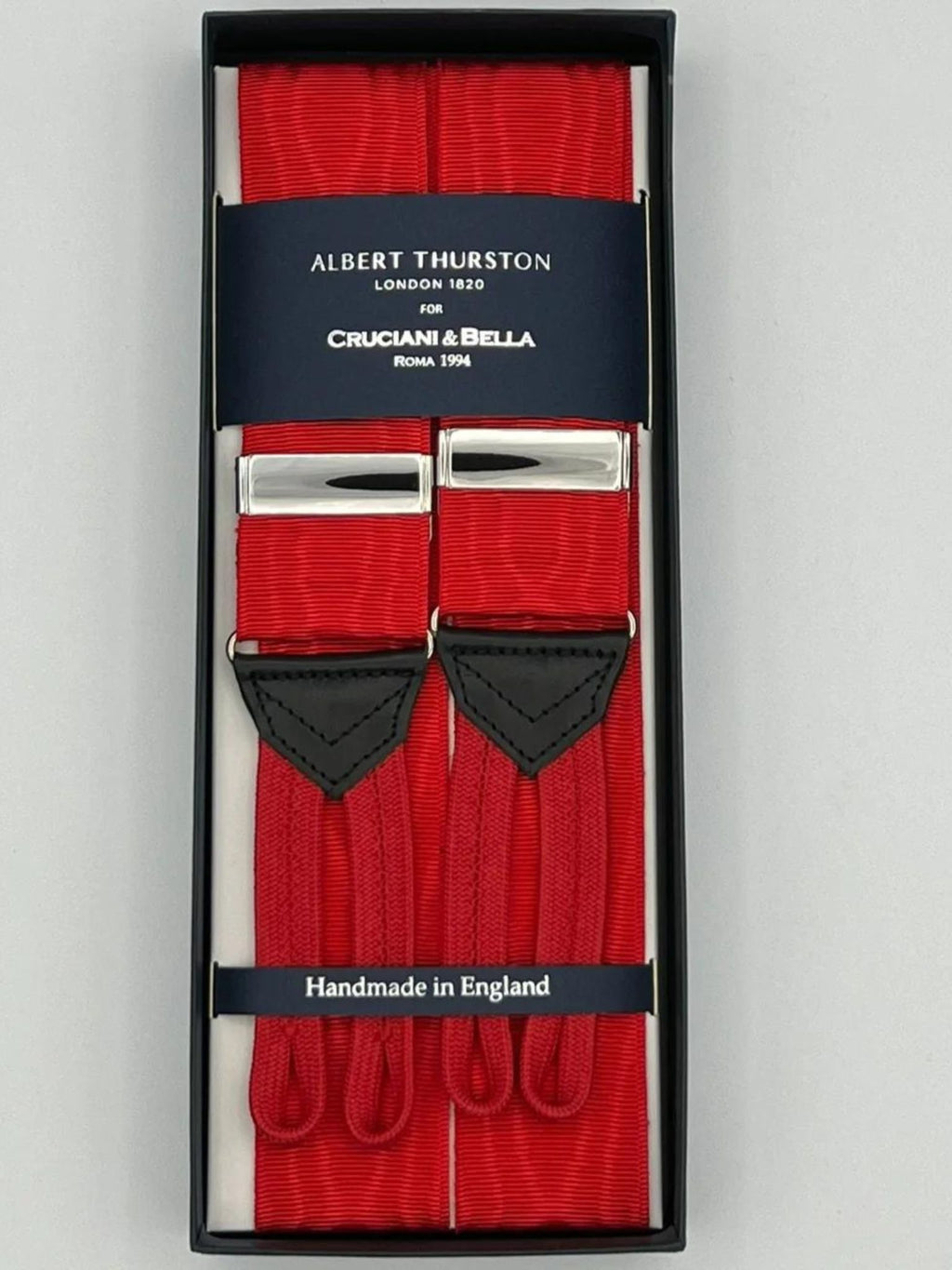Albert Thurston for Cruciani & Bella Made in England Adjustable Sizing 40 mm Woven Barathea Red Moirè Plain Color Braces Braid ends Y-Shaped Nickel Fittings Size: XL