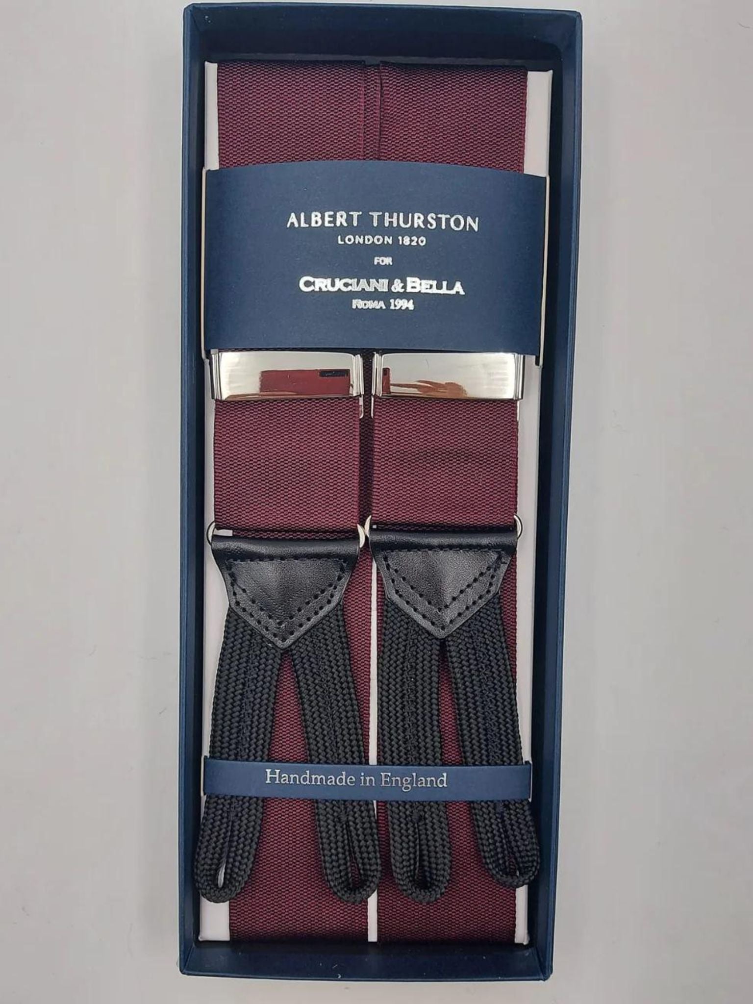 Albert Thurston for Cruciani & Bella Made in England Adjustable Sizing 40 mm Woven Barathea  Red Wine Plain Color Braces Braid ends Y-Shaped Nickel Fittings Size: XL