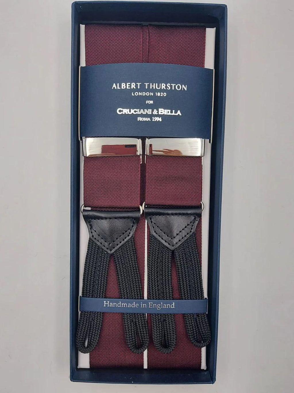Albert Thurston for Cruciani & Bella Made in England Adjustable Sizing 40 mm Woven Barathea  Red Wine Plain Color Braces Braid ends Y-Shaped Nickel Fittings Size: XL