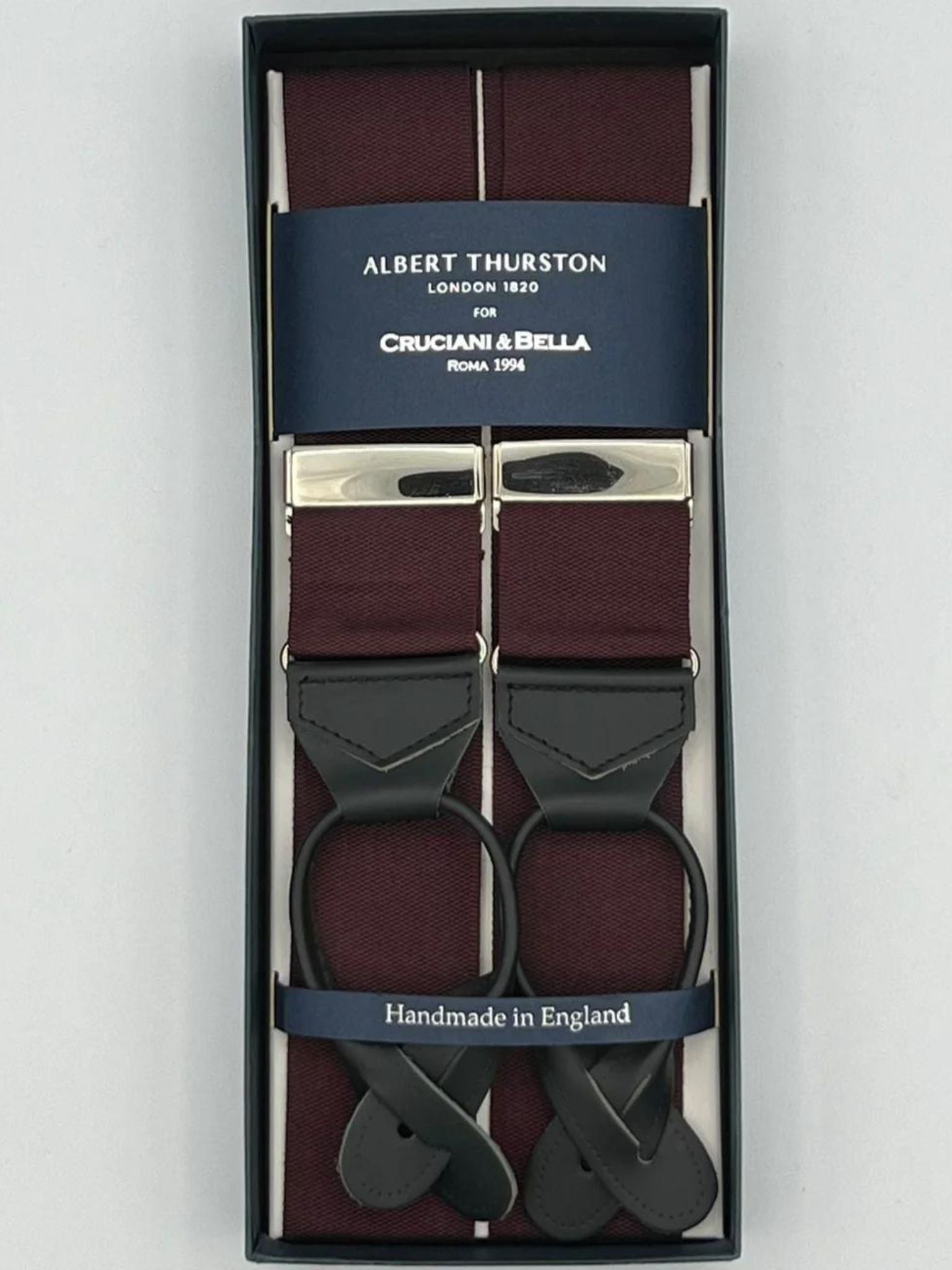 Albert Thurston for Cruciani & Bella Made in England Adjustable Sizing 40 mm Woven Barathea  Wine Plain Leather ends Y-Shaped Nikel Fittings Size: XL