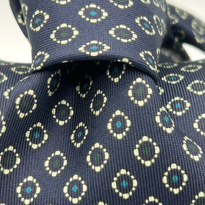 Drake's for Cruciani e Bella 100%  Printed Silk Self Tipped Blue with Off White, Light Blue and Green motif tie 36 oz Handmade in London, England 8 cm x 150 cm #3849