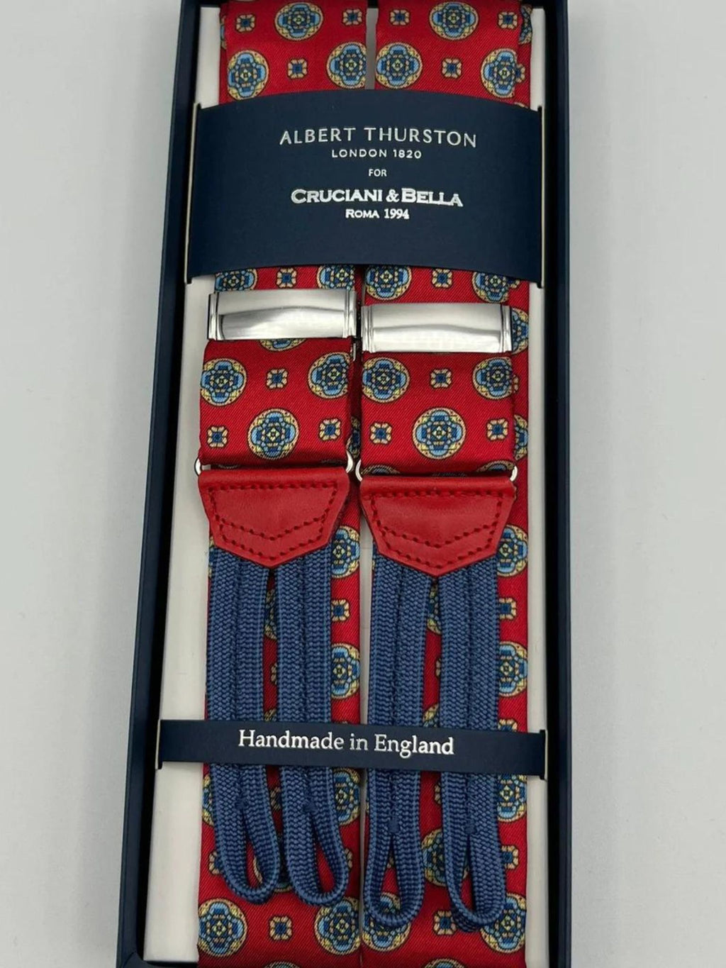 Albert Thurston for Cruciani & Bella Made in England Adjustable Sizing 40 mm Silk Red, Light Blue and Yellow Motif Braid ends Y-Shaped Nickel Fittings