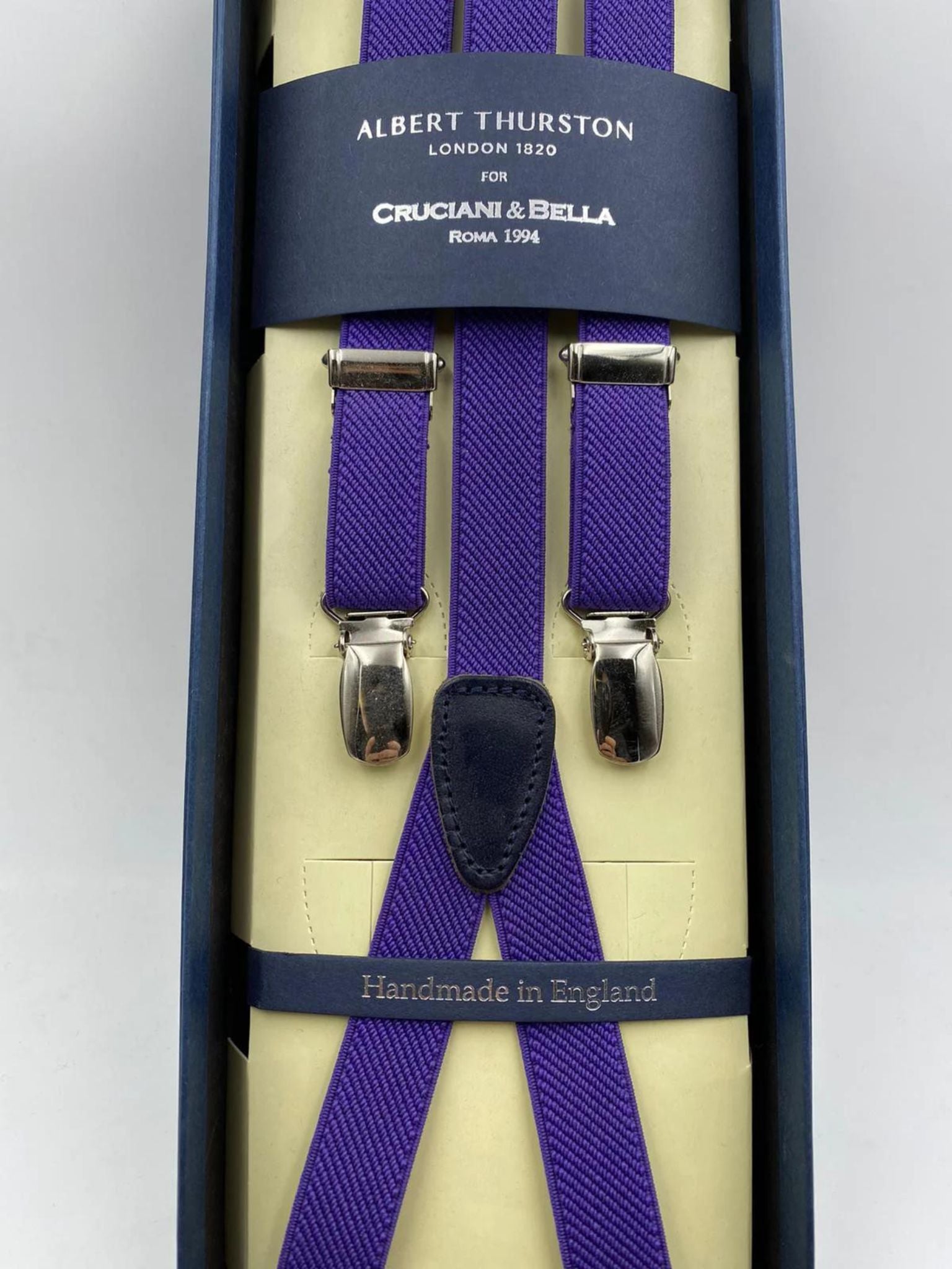 Albert Thurston for Cruciani & Bella Made in England Adjustable Sizing 18 mm elastic braces Purple  Plain braces Clip on Y-Shaped Nickel Fittings Size: L