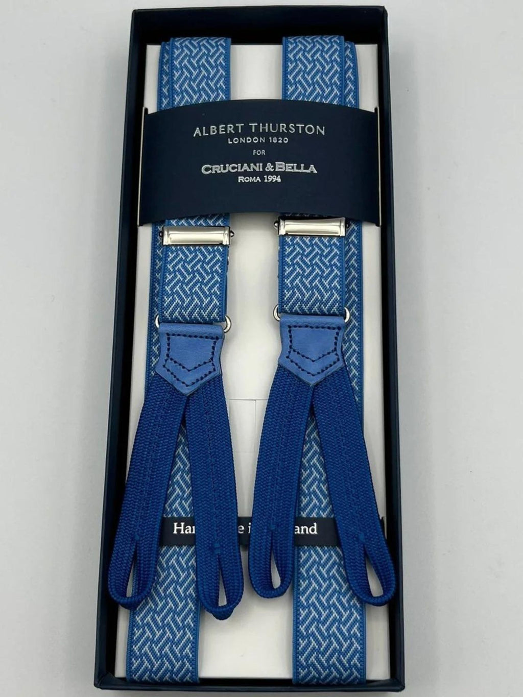 Albert Thurston for Cruciani & Bella Made in England Adjustable Sizing 25 mm elastic braces Azure, White Motif Braid ends Y-Shaped Nickel  Fittings Size: L