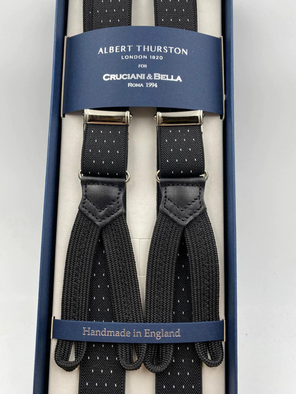 Albert Thurston for Cruciani & Bella Made in England Adjustable Sizing 25 mm elastic braces Black  and White Dots Braid ends Y-Shaped Nickel Fittings Size: XL