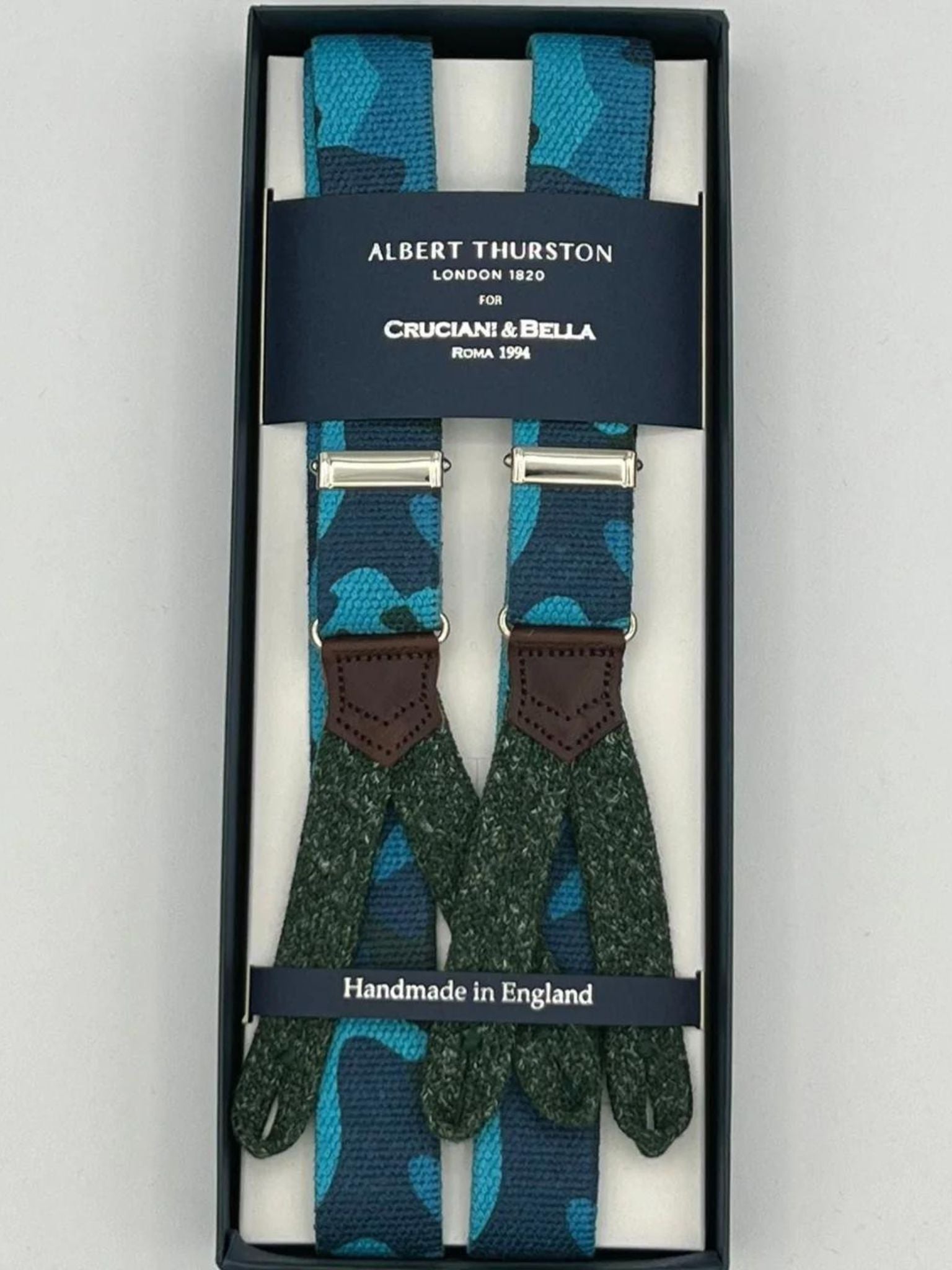 Albert Thurston for Cruciani & Bella Made in England Adjustable Sizing 25 mm elastic braces Blue, Azure  Military Motif Braid ends Y-Shaped Nickel  Fittings Size: L